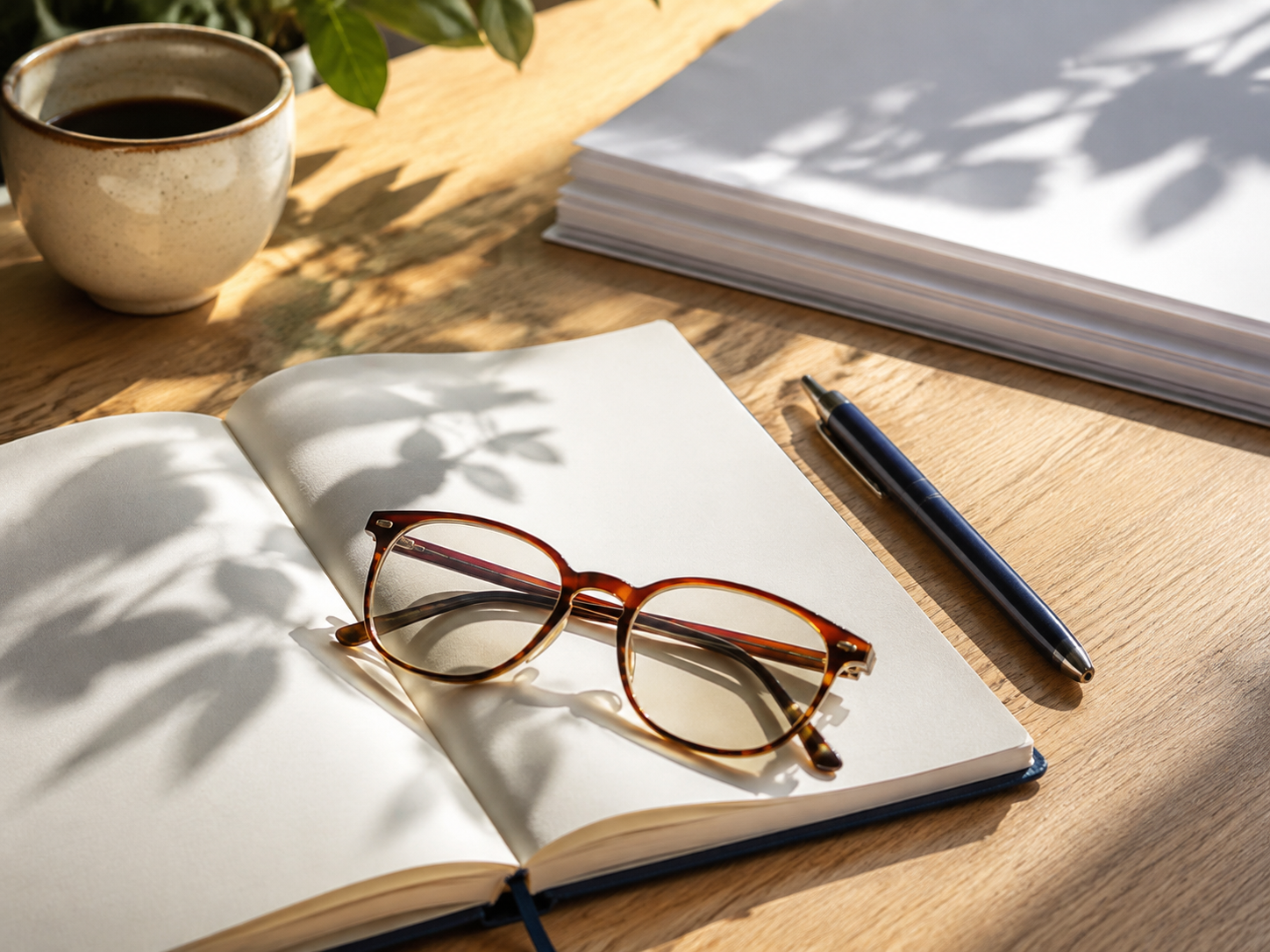 Occhiali e quaderno pronti per annotare le domande